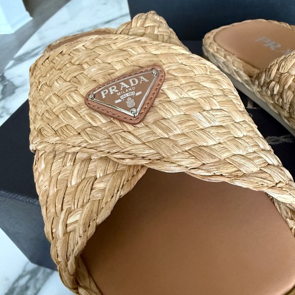 Prada 2X3142 Mens Woven Raffia Cross Strap Slide Sandals Beige Tan UK 7 (FIT LG) main image 12